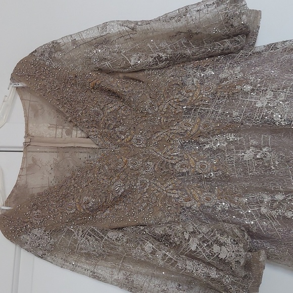 New Mac Duggal Sequin Lace Embroidery champagne colored A-line gown - Picture 3 of 7